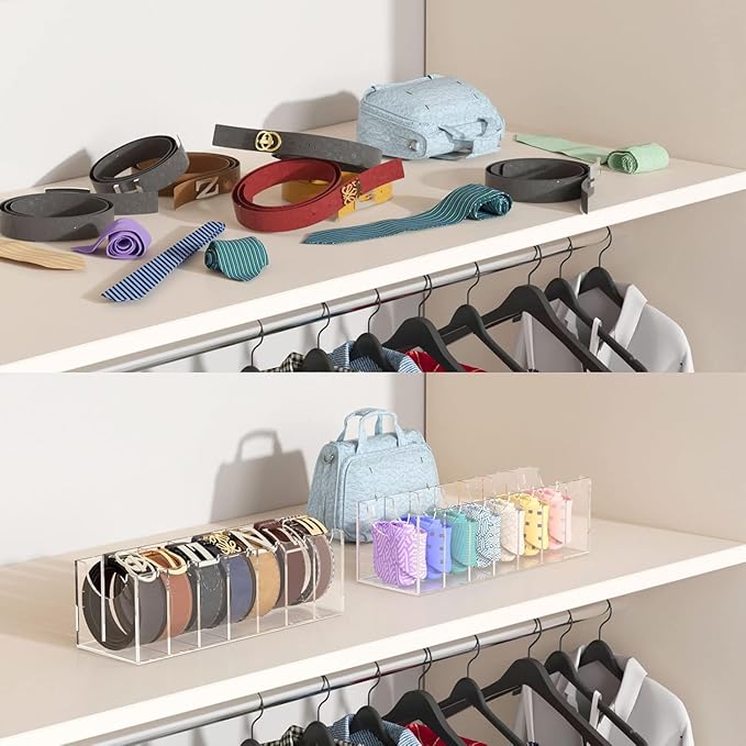 Belt Organizer, Acrylic 7 Compartments Belt Container Storage Holder, Clear Display Case