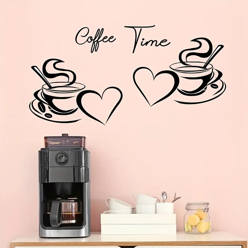 Coffee Time – Coffee Cups With Love & Heart – Kitchen Wall Decal