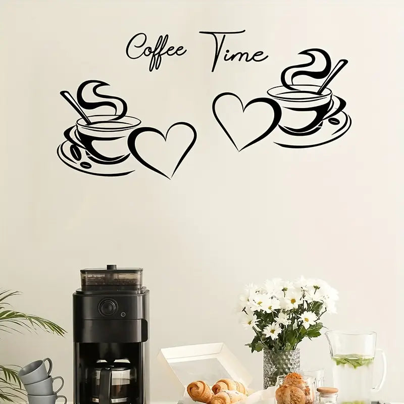 Coffee Time – Coffee Cups With Love & Heart – Kitchen Wall Decal