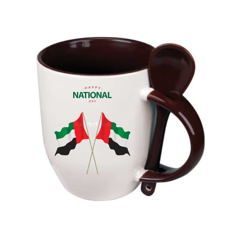 Two-Tone Ceramic Mug with Spoon – 11 oz Coffee & Tea Cup – Customized UAE National Day