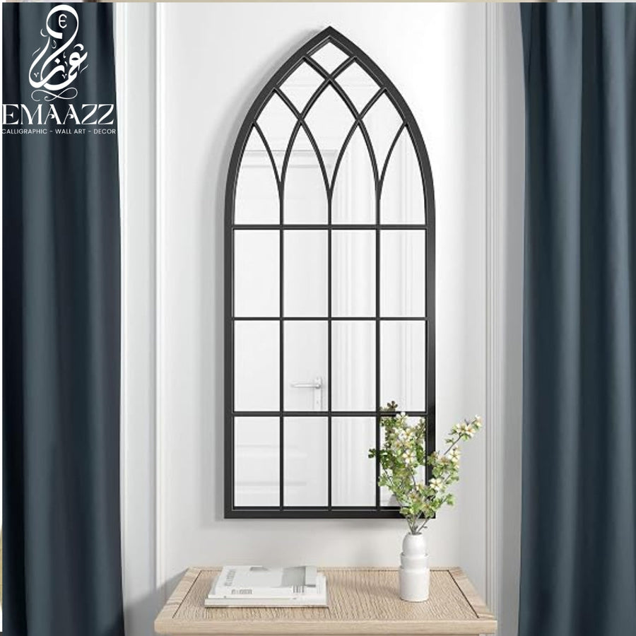 Large Gothic Black Arched Wall Mirror with Floral Wooden Signs