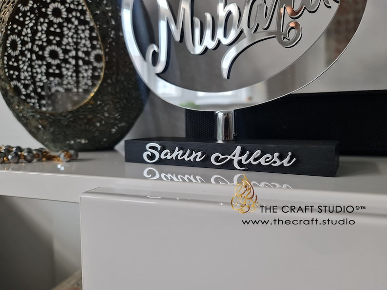 Umrah Mubarak Gifts. Contemporary Hand-carved Mirror with Solid Real Oak Stand