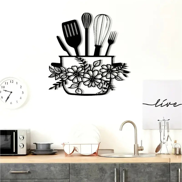 Black Floral & Kitchen Utensil Design – Home Wall Decor