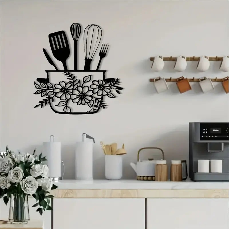 Black Floral & Kitchen Utensil Design – Home Wall Decor