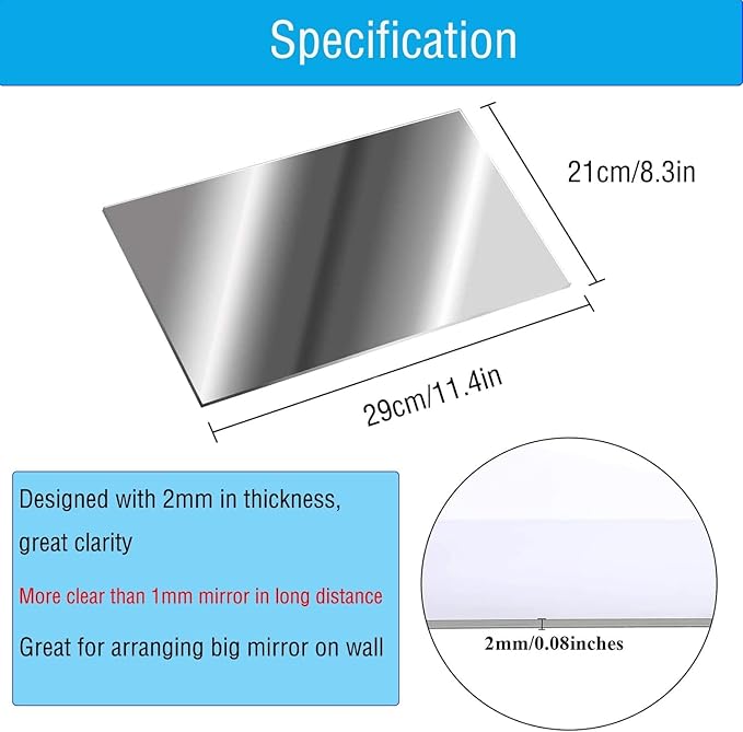 HD Adhesive Mirror 4 Pieces No Glass Tiles A4 Self-Adhesive Sheets Flexible Film Acrylic