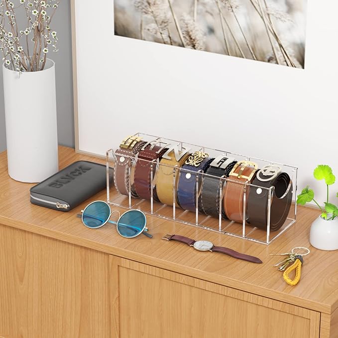 Belt Organizer, Acrylic 7 Compartments Belt Container Storage Holder, Clear Display Case