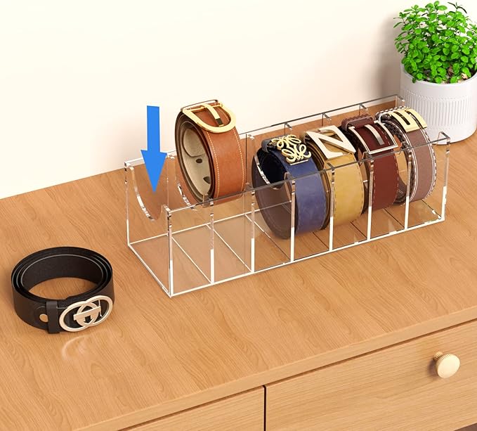 Belt Organizer, Acrylic 7 Compartments Belt Container Storage Holder, Clear Display Case