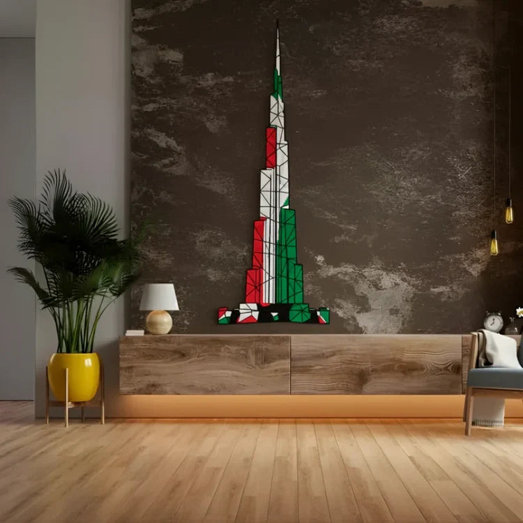 Geometric Burj Khalifa UAE Flag Acrylic Wall Art – Office Decor