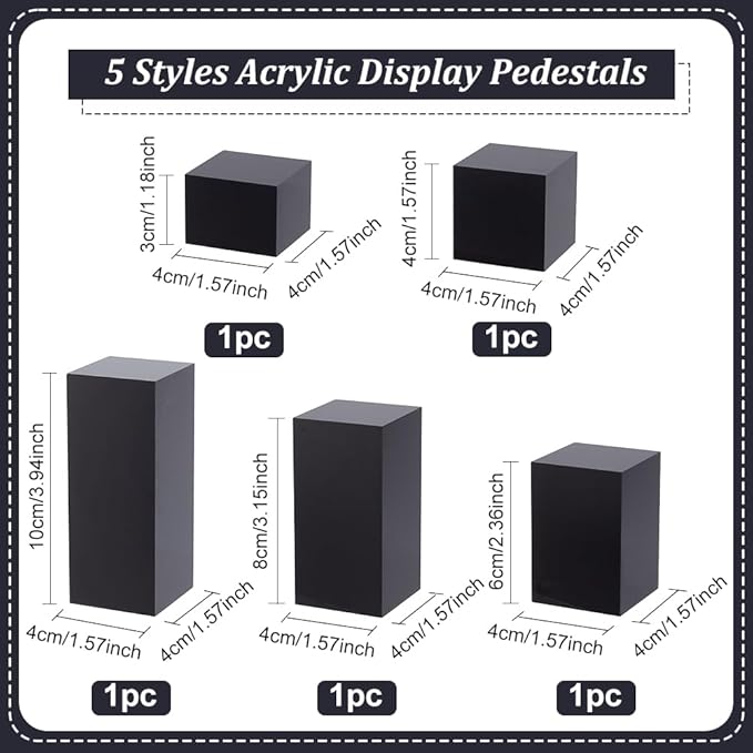 5Pcs Black Acrylic Cube Display Block 3/4/6/8/10cm Solid Display Pedestal Stand for Gem