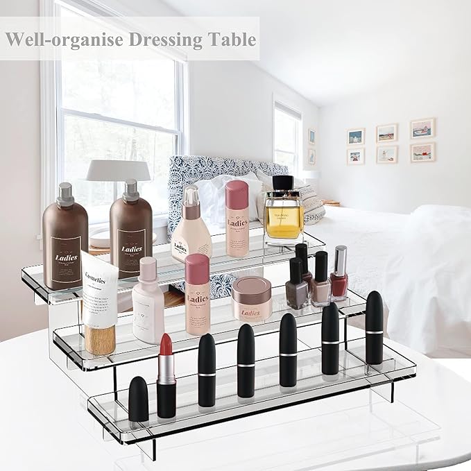 Clear Acrylic Display Risers Stand, , 3 Tiered Shelf Organizer for Perfumes, Cupcakes