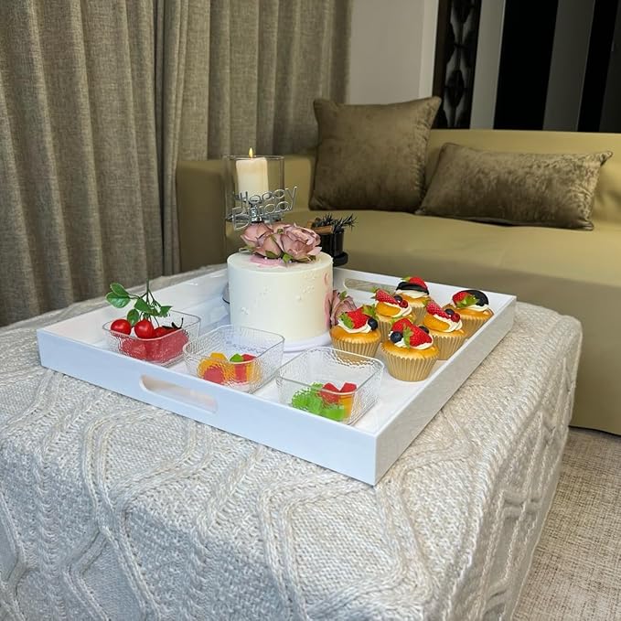 White Acrylic Large Ottoman Tray with Handles Spill Proof Serving Tray Rubber Boot