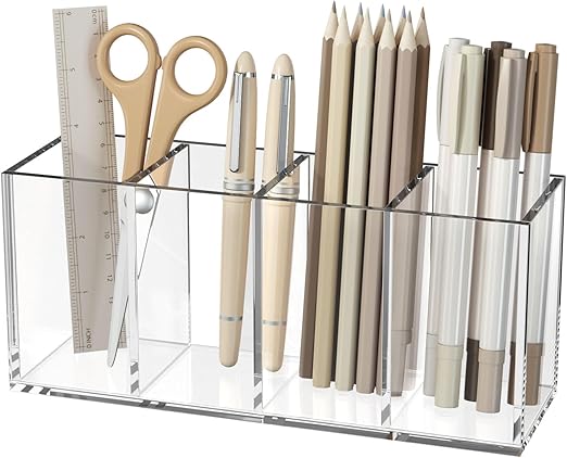 Acrylic Pen Holder 4 Compartments, Clear Pencil Organizer Cup for Countertop Desk