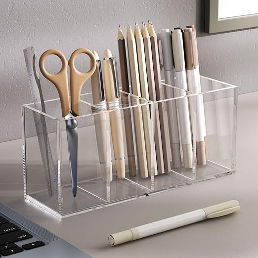 Acrylic Pen Holder 4 Compartments, Clear Pencil Organizer Cup for Countertop Desk