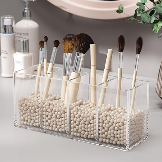 Acrylic Pen Holder 4 Compartments, Clear Pencil Organizer Cup for Countertop Desk