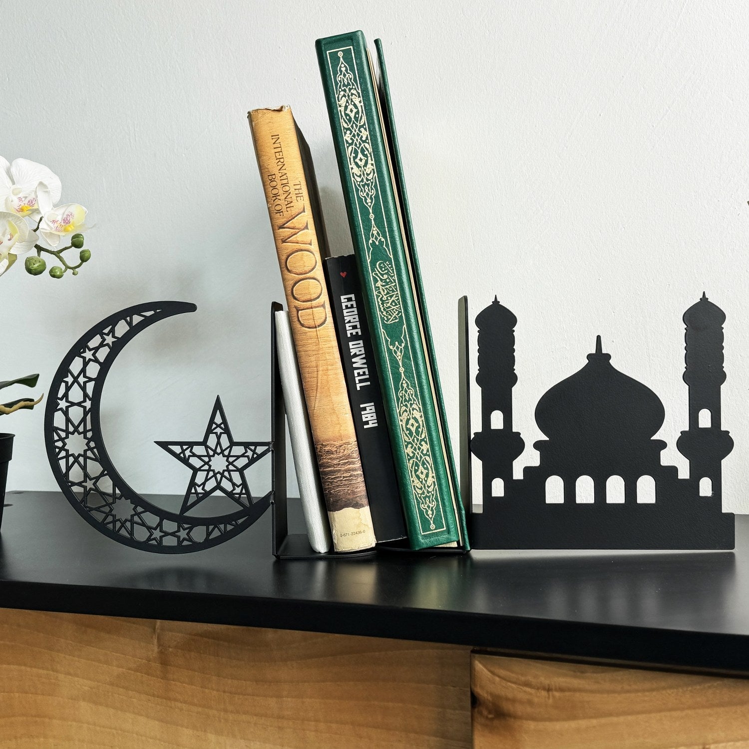 Mosque and Crescent Design Metal Bookend - Islamic Home Decor
