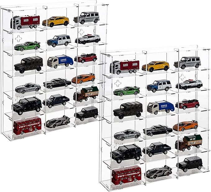 2 Pack Acrylic Display Case, 18 Compartments Clear Showcase Organizer, 6 Tiers Matchbox