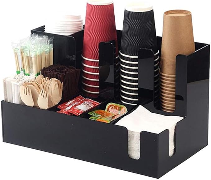 11 Compartment Upright Coffee Condiment and Cup Storage Organizer Acrylic Material for