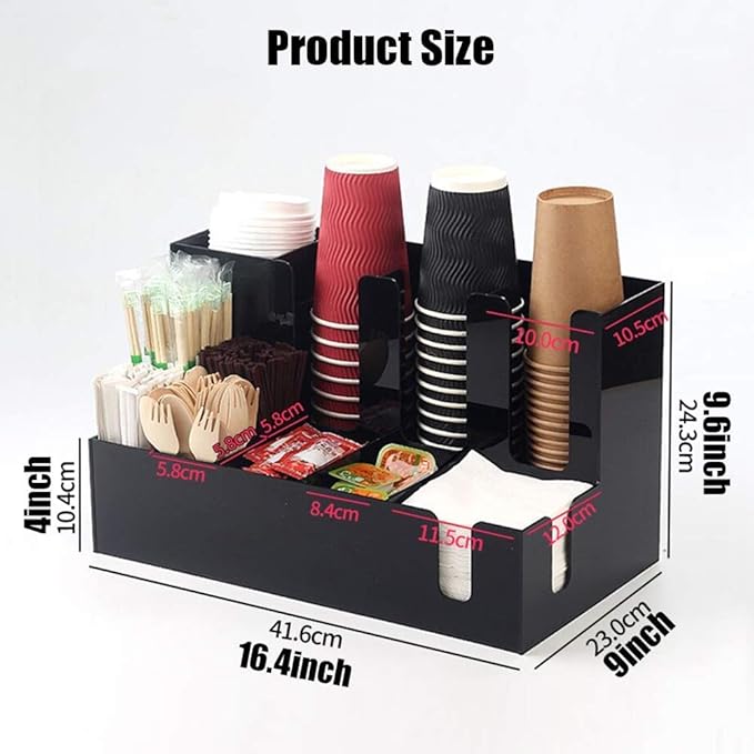 11 Compartment Upright Coffee Condiment and Cup Storage Organizer Acrylic Material for