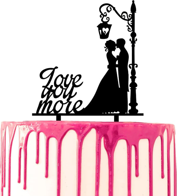 Wedding Cake Topper – “Love You More” Bride & Groom Kissing Under Lamp Silhouette