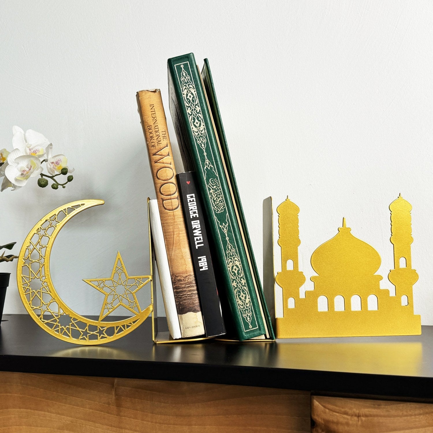 Mosque and Crescent Design Metal Bookend - Islamic Home Decor