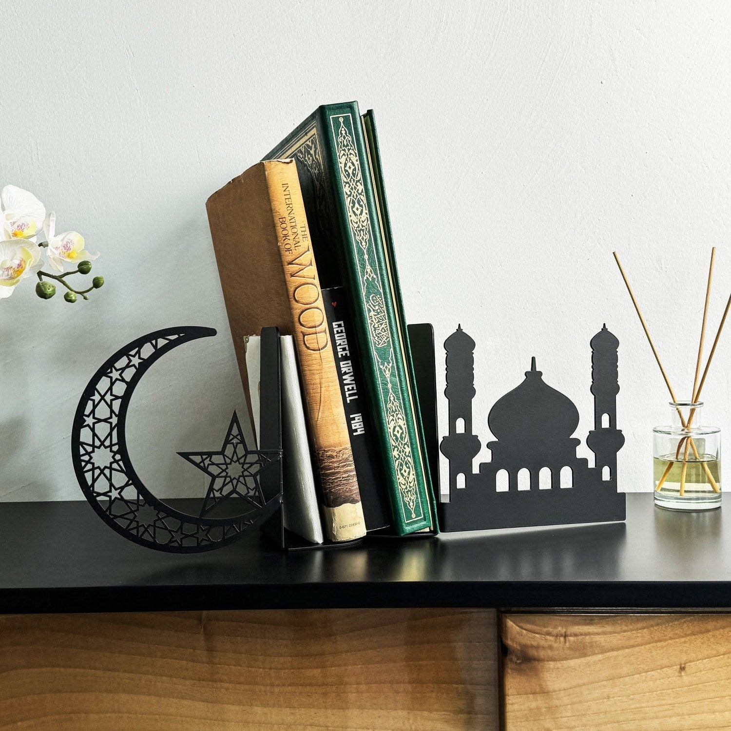 Mosque and Crescent Design Metal Bookend - Islamic Home Decor