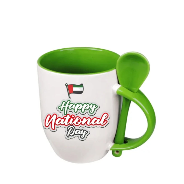 Two-Tone Ceramic Mug with Spoon – 11 oz Coffee & Tea Cup – Customized UAE National Day
