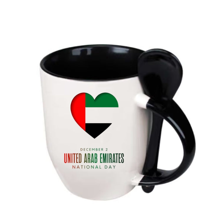 Two-Tone Ceramic Mug with Spoon – 11 oz Coffee & Tea Cup – Customized UAE National Day