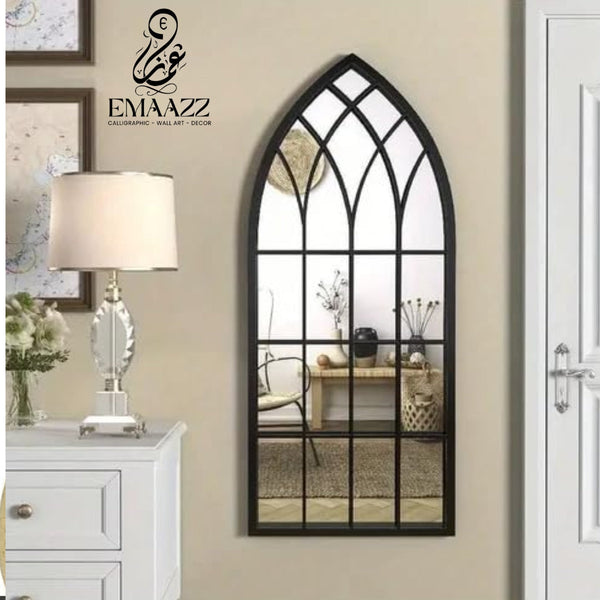 Large Gothic Black Arched Wall Mirror with Floral Wooden Signs