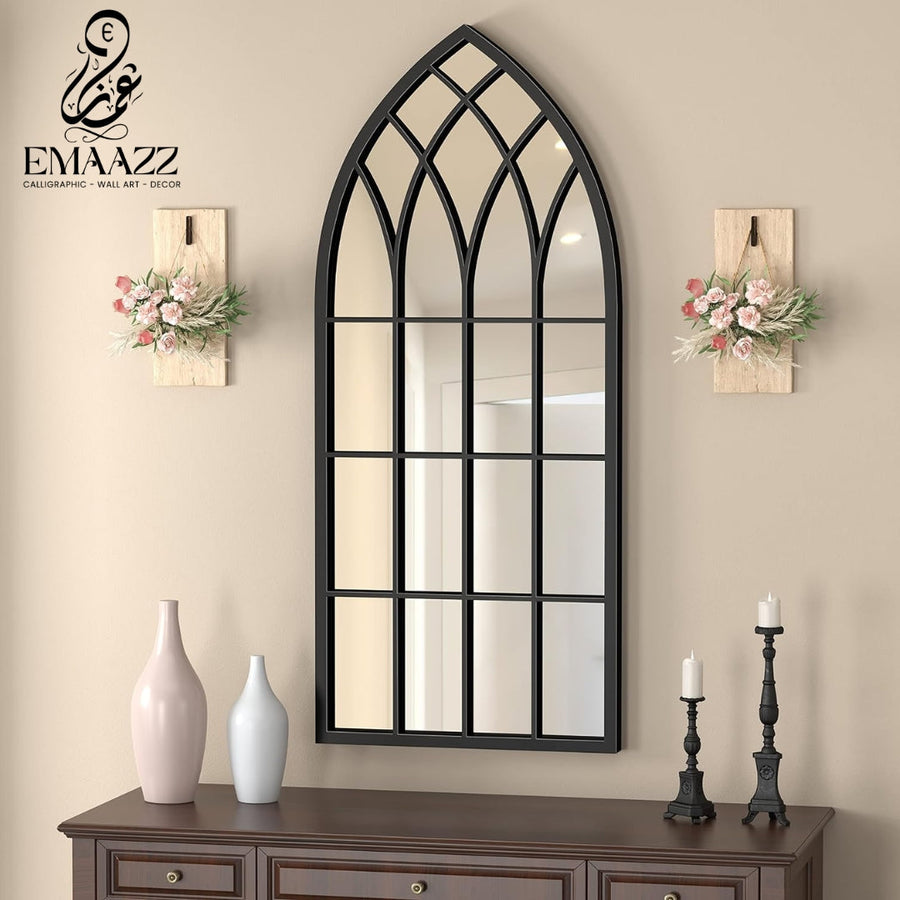 Large Gothic Black Arched Wall Mirror with Floral Wooden Signs