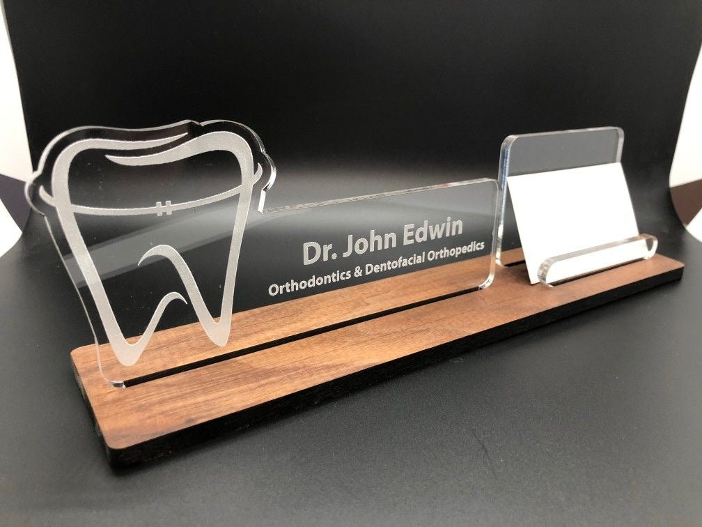 Custom Professional Desk Name Plate with Integrated Business Card Holder