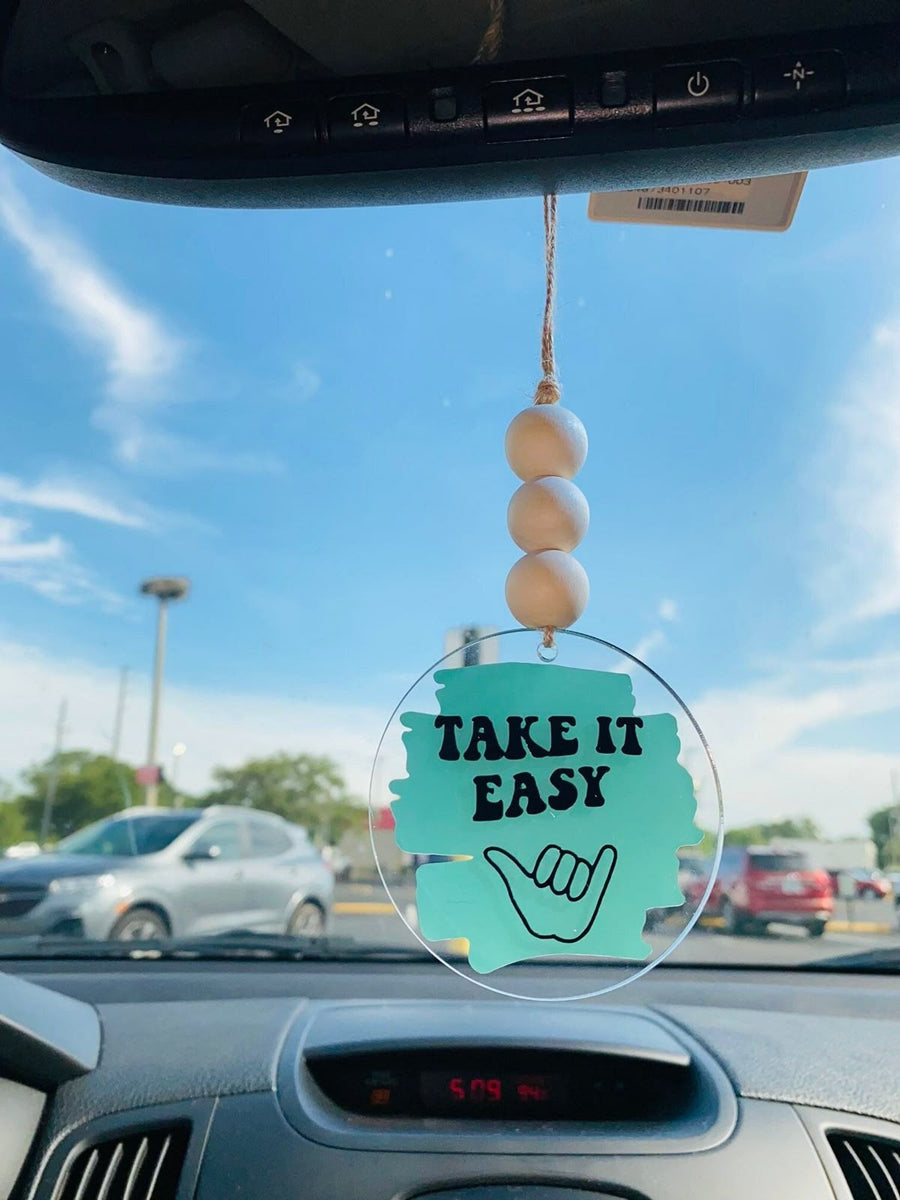 "Take It Easy" Shaka Vibes Car Hanging – Teal Aesthetic Charm