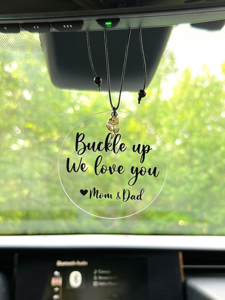 "Buckle Up" Mom & Dad Car Hanging – Heartfelt Family Safety Charm