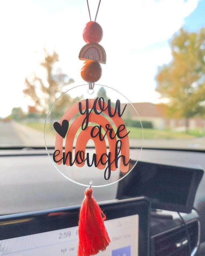 "You Are Enough" Boho Rainbow Car Hanging – Terracotta Tassel Charm