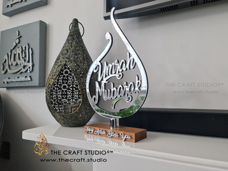 Umrah Mubarak Gifts. Contemporary Hand-carved Mirror with Solid Real Oak Stand
