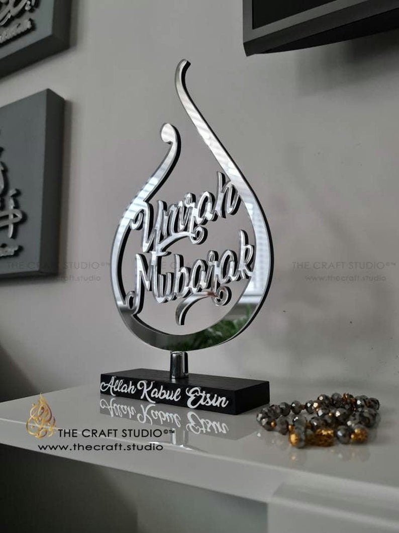 Umrah Mubarak Gifts. Contemporary Hand-carved Mirror with Solid Real Oak Stand