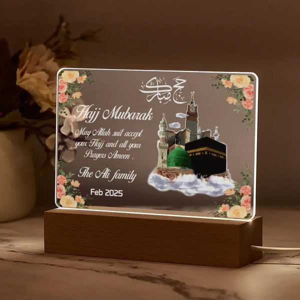 Hajj Mubarak Gift, Custom Photo, Acrylic Lamp, Wooden Base, Umrah Night Light, Islamic