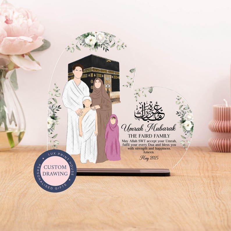 Umrah Mubarak gift for family, faceless Illustration, heart acrylic plaque