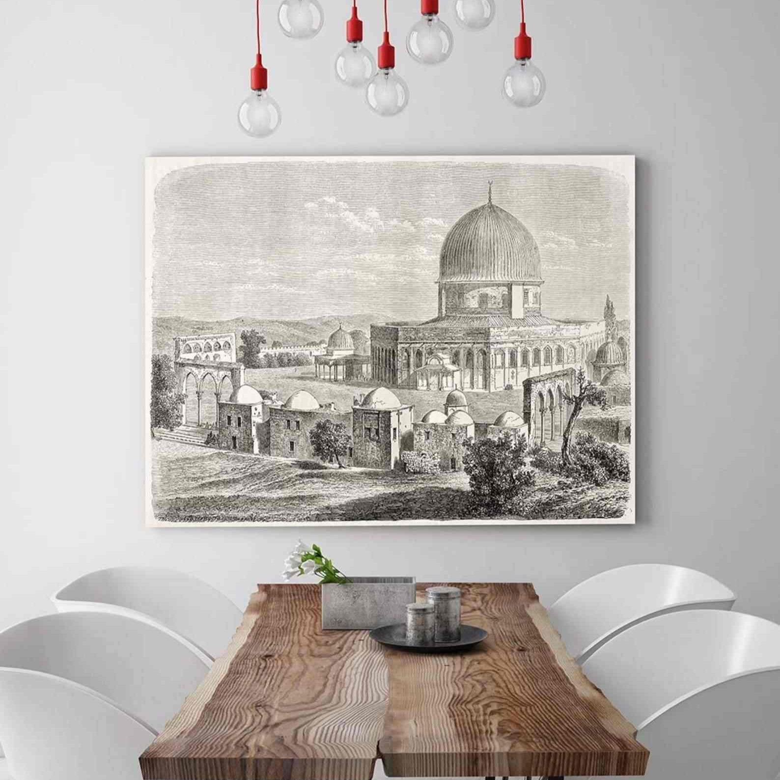 Islamic Canvas Wall Art - Masjid Al Aqsa Historical Sketch Dome of the Rock