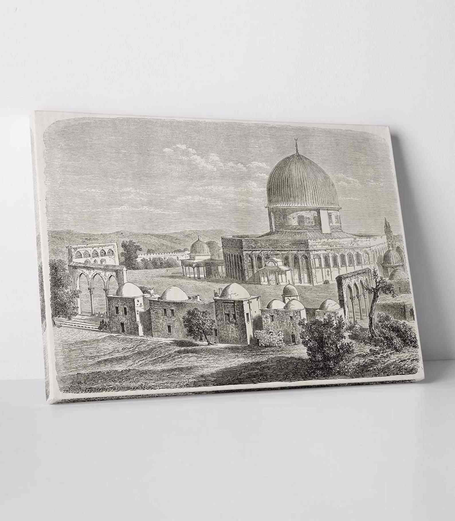 Islamic Canvas Wall Art - Masjid Al Aqsa Historical Sketch Dome of the Rock